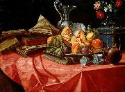 Cristoforo Munari vasetto di fiori e teiera su tavolo coperto da tovaglia rossa France oil painting artist